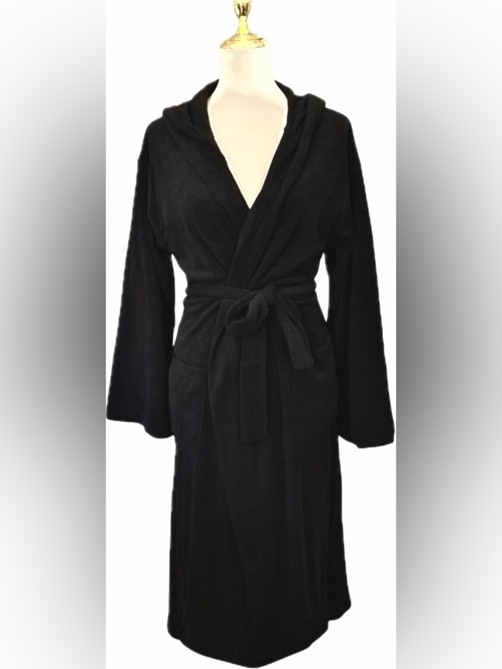 NWT Bamford Black French Terry Hooded Bathrobe Belted Lounge Robe Womens Size S - Picture 2 of 8
